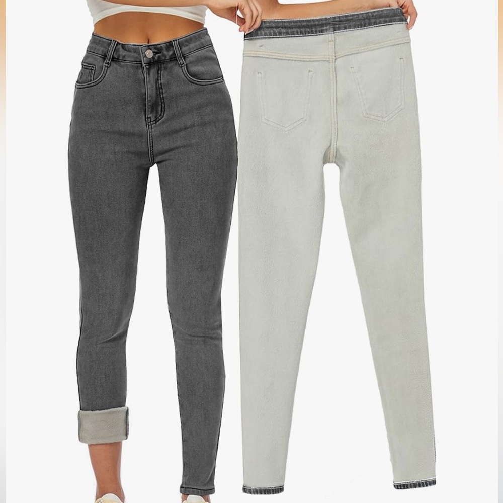 TWO PAIRS winter fleece lined jeans slim fit warm skinny high waist denim jeans